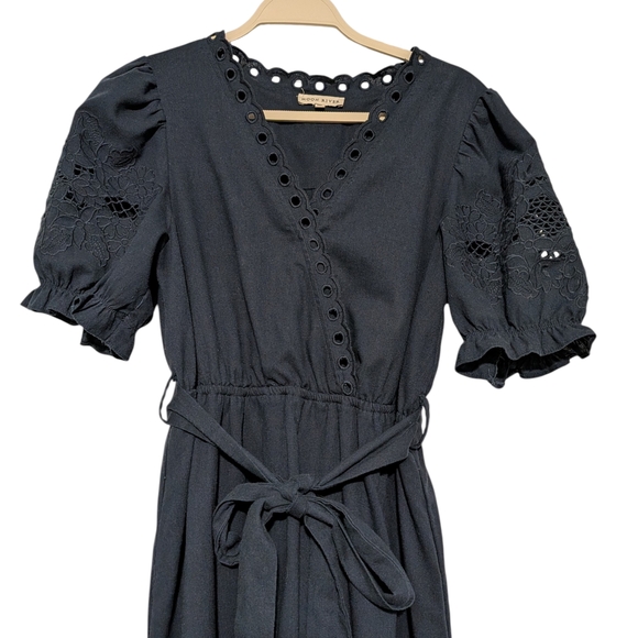 Moon River Navy Eyelet Puff-Sleeve Tie-Waist Maxi Dress - Picture 2 of 8